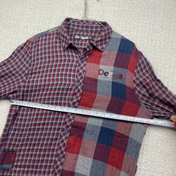 Desigual Button Up Shirt Mens L Red / Blue Asymmetrical Plaid Boho - Picture 8 of 16